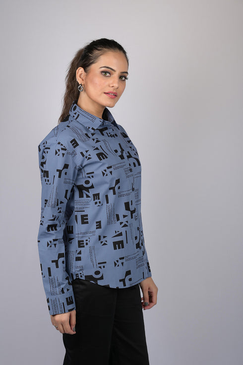 OWO THE LABEL Shirt for women stylish shirt printed party wear cotton shirt Trendy Alphabetical Print Long Sleeves Shirt (OTL-SHRT-1007)